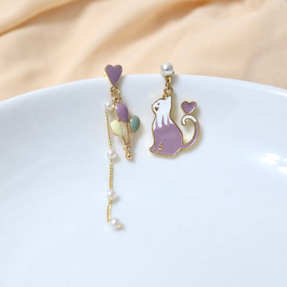 Purple & White Cat with Balloon in a Carnival Mismatch Dangle Earrings