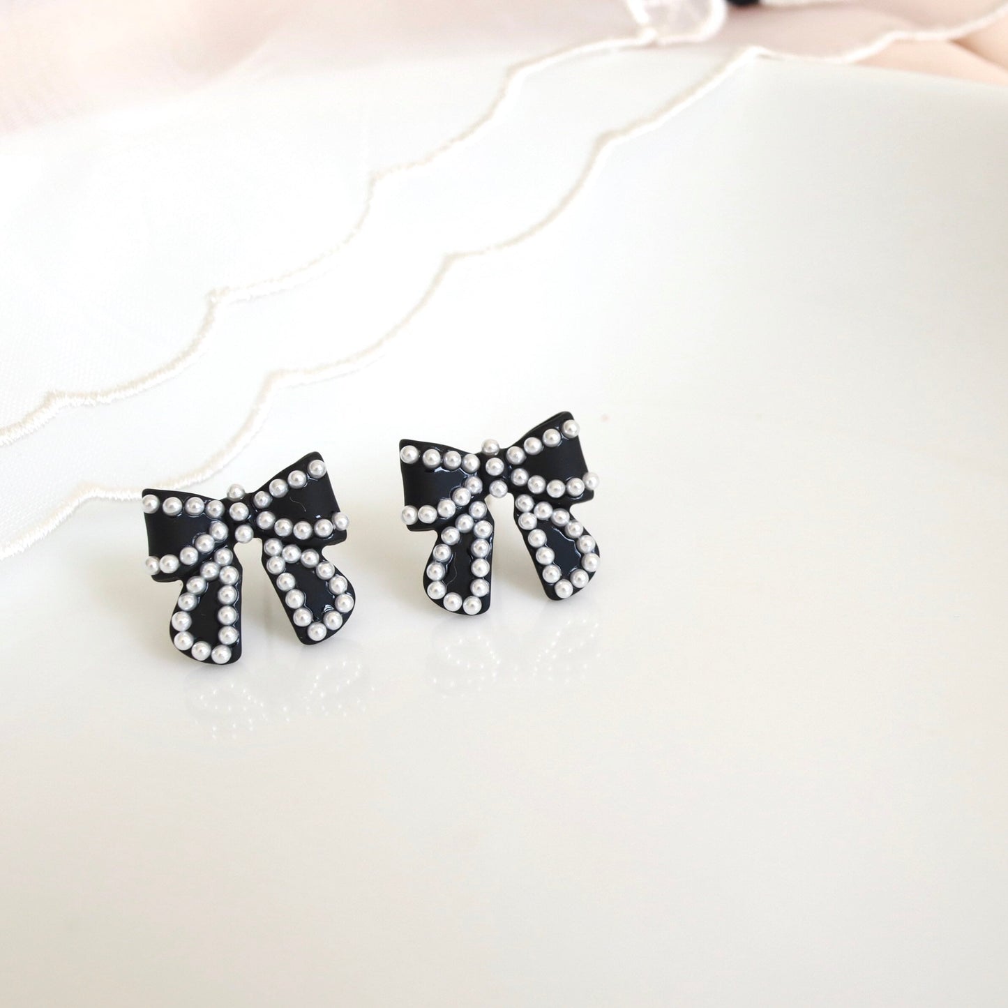 Bow and Mini Pearl Ribbon Stud Earrings, Black/ Red/ Gold/ Pink