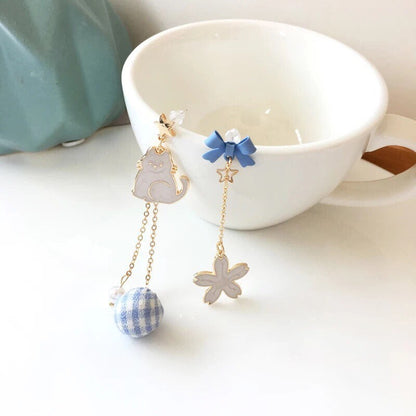 White Sakura and Cat Dangle Earrings