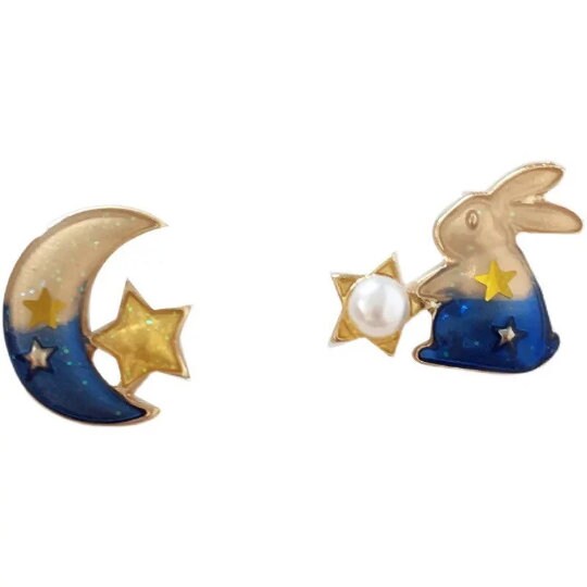 Rabbit and Blue Moon Stud Earrings