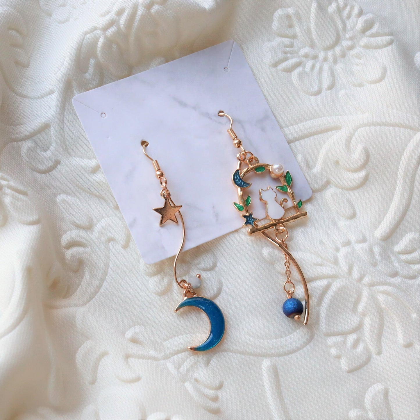 Blue Moon Cat Cute Dangle Earrings