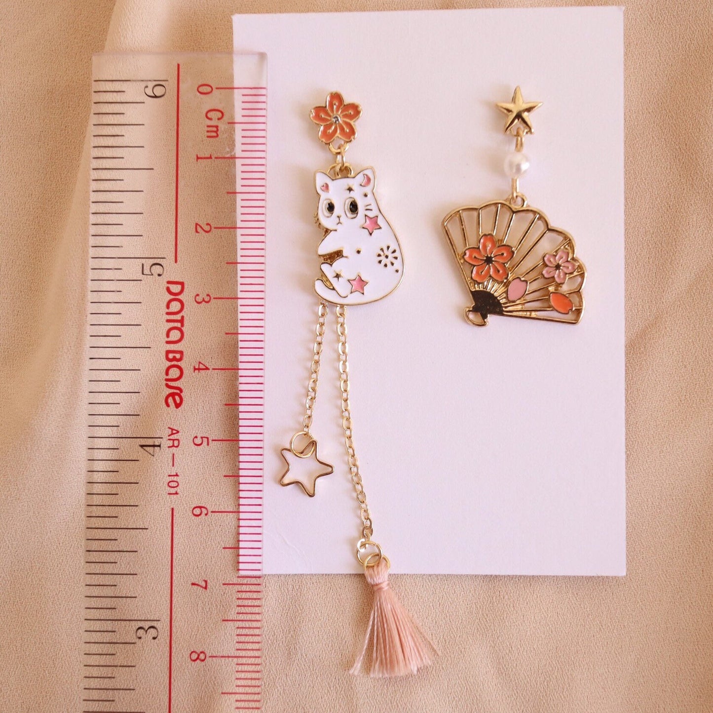 Cat Sakura and Fan Earrings, Japanese Cherry Blossom Mismatch Earrings