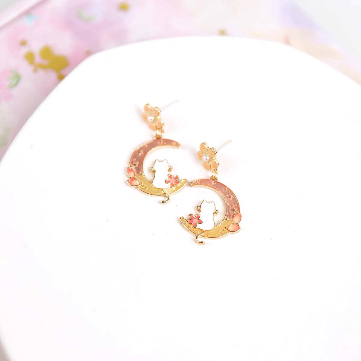 Moon Cat Cherry Blossom Earrings