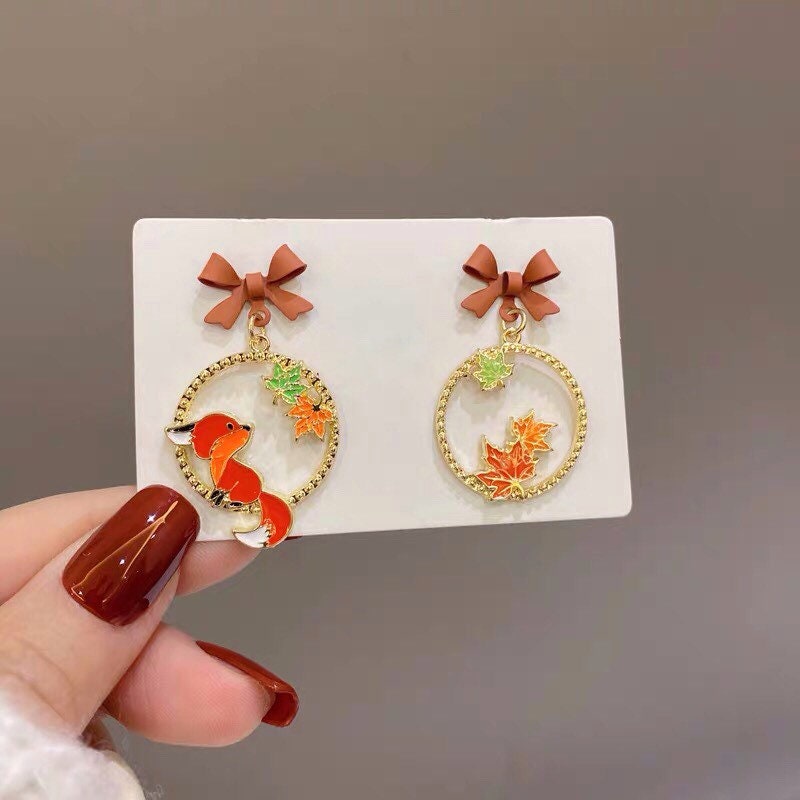 Fox Foliage Red Leaf Autumn Fall Earrings