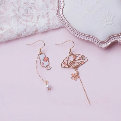 Sakura Cherry Blossom, Cat and Fan Laser-Cut Earrings