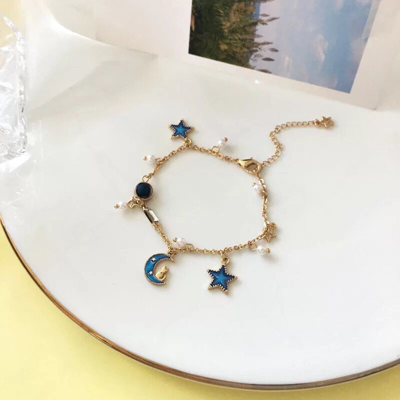 Cat and Blue Moon Charm Bracelet