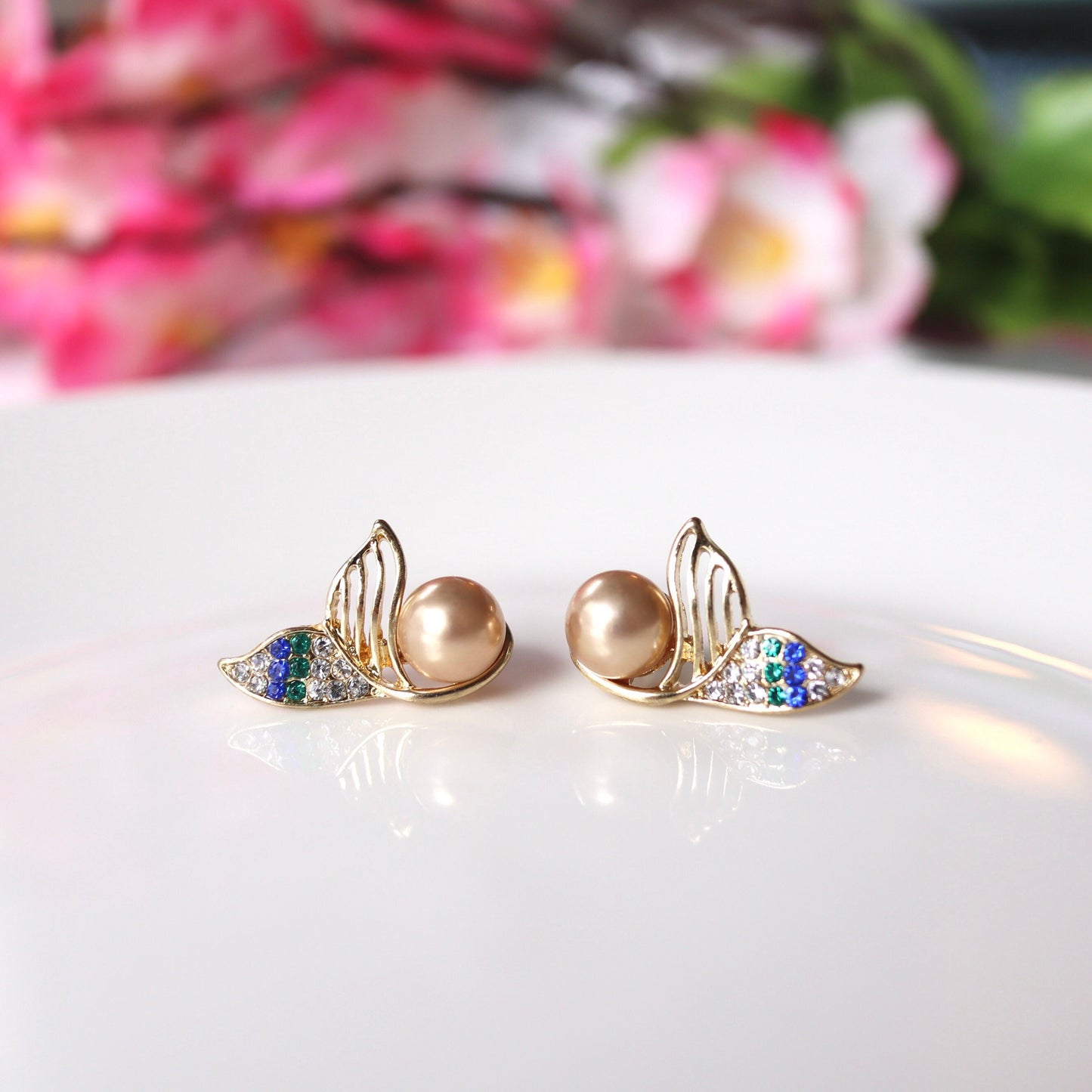 Mermaid Tail Golden Pearl Stud Earrings