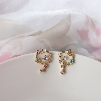 Green Wreath Butterfly Floral Earrings