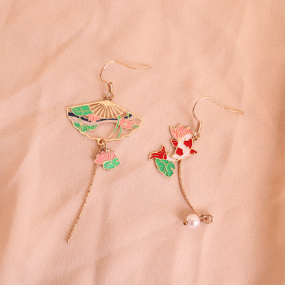 Gold Fish and Lily Pond, Koi and Water Lily Fan Earrings