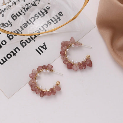 Pink Natural Quartz Hoop Earrings, Strawberry Rose Color with Faux Pearl