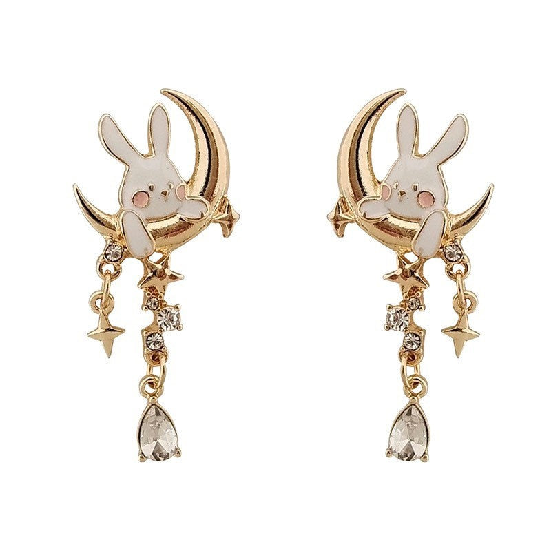 Rabbit on the Moon with Sparkling Star Dangle Earrings