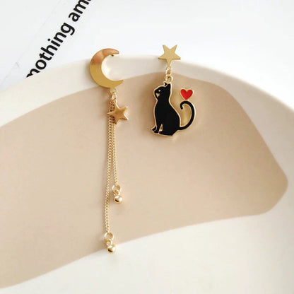 Black/ White Cat with Moon and Star Dangle Earrings