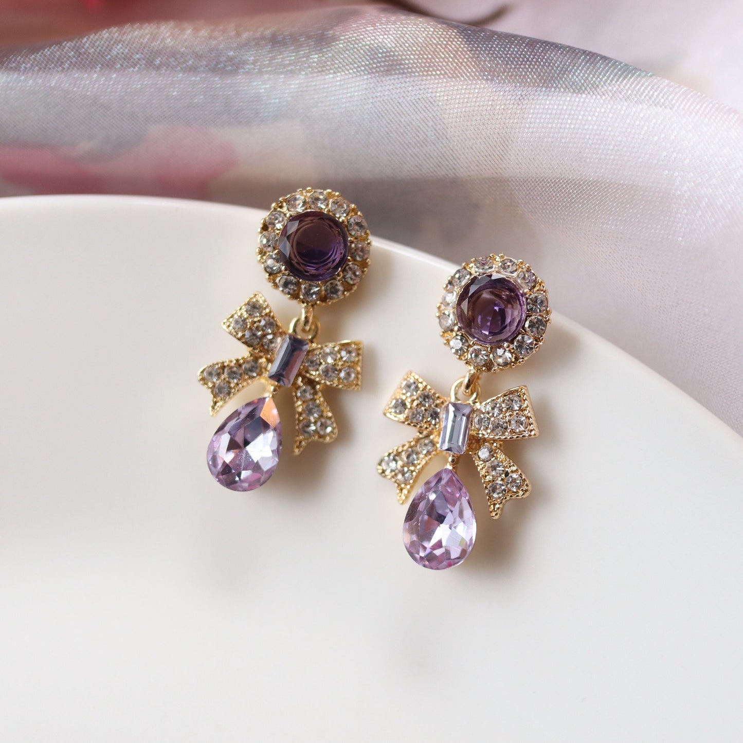 Vintage Gothic Lavender Purple Crystal Ribbon Dangle Earrings