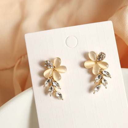 Gold Opal Flower Earrings, Leaf Laurel Vine Ear Climbers