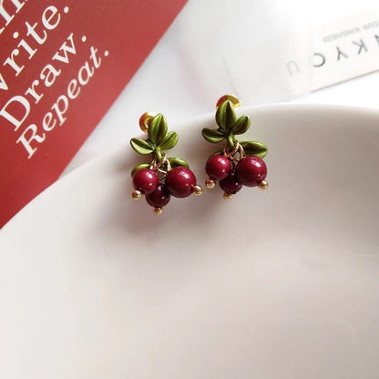 Red Cranberry with Green Leaves Fruit Drop Earrings