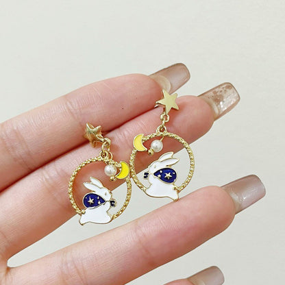 Rabbit on the Moon Earrings, Bunny Moon and Stars Earrings