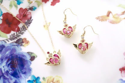 Heart with Angel Wings Compact Necklace/ Earrings, Sailor Moon Inspired Jewelry Set