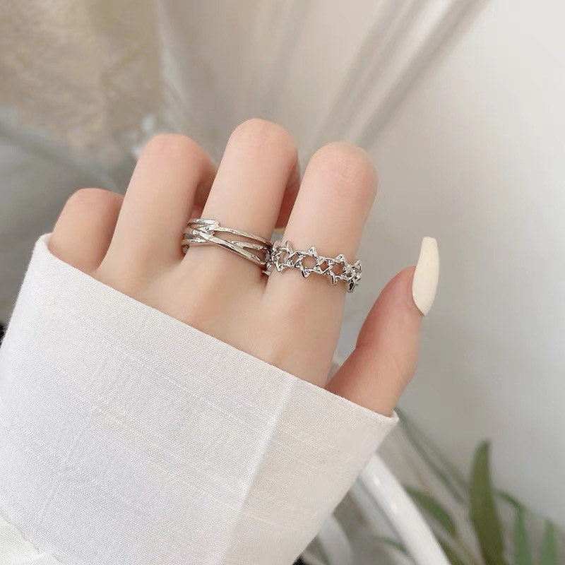 Silver Hexagram Star Stackable Rings, Set of 2, Open Adjustable Rings