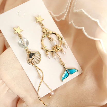 Mermaid Blue Fish Tail Sea Shell Gold Dangle Earrings