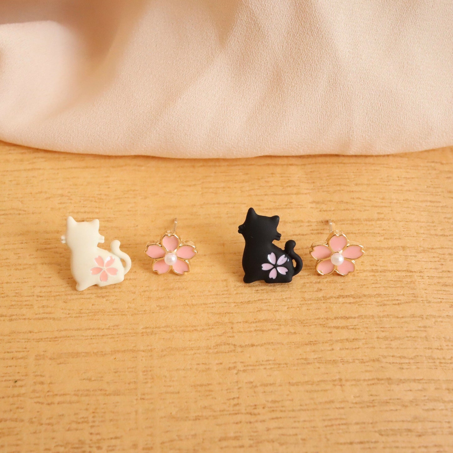 Cat Sakura Cherry Blossom Stud Earrings, White Cat/ Black Cat