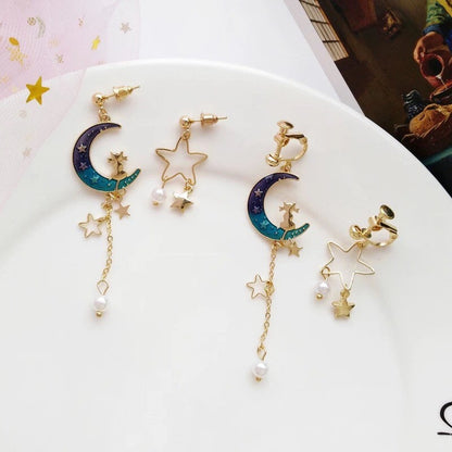 Cat on the Moon and Star Earrings