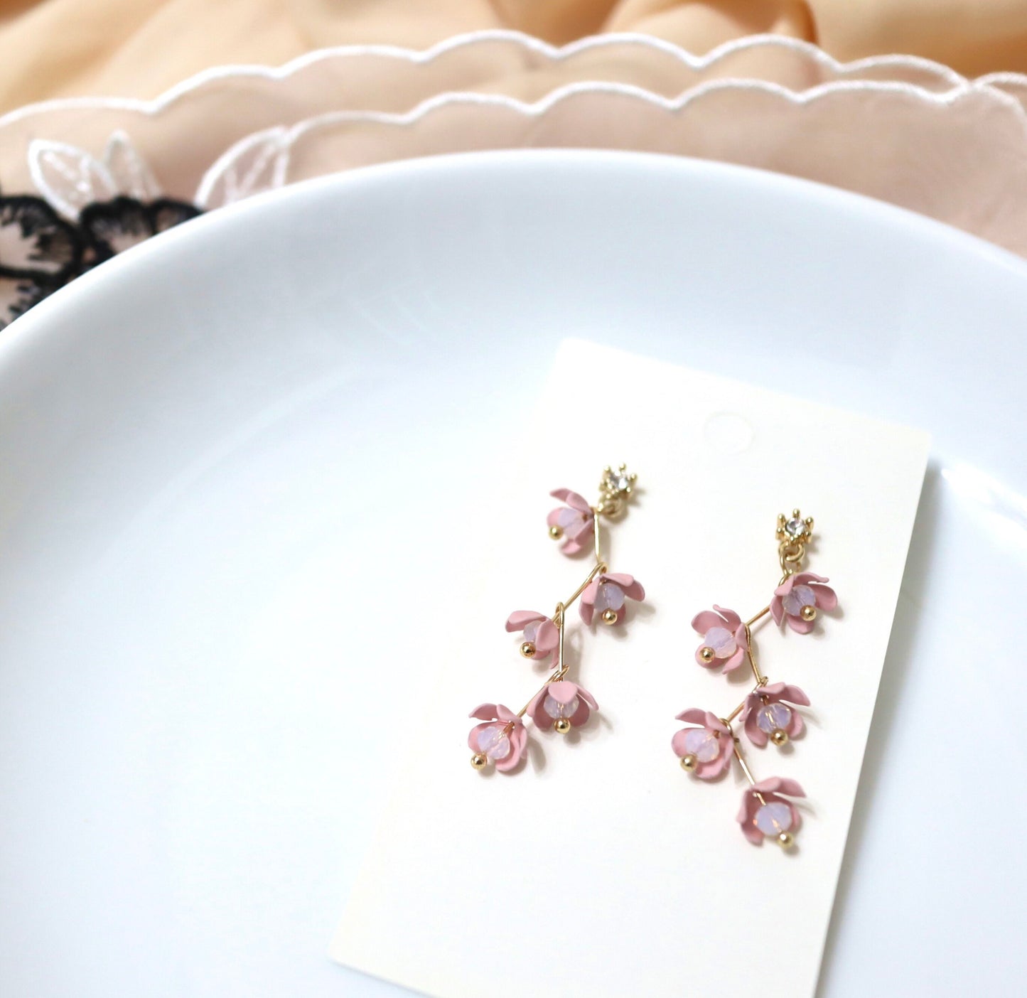 Pink Cherry Blossom Flower Dangle Earrings