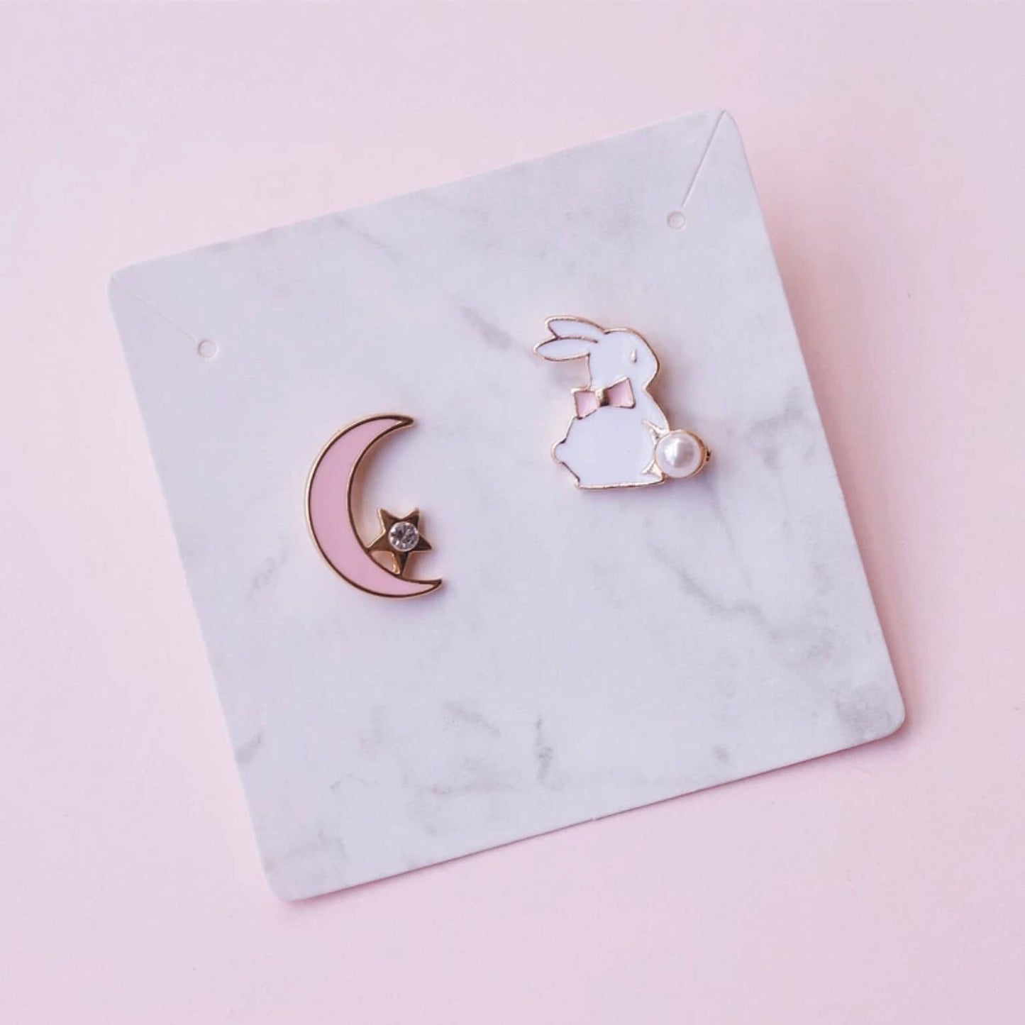 Rabbit / Bunny and Moon Stud Earrings, Pierced or Clip On