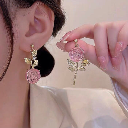 Pink Rose Flower Golden Dangle Earrings