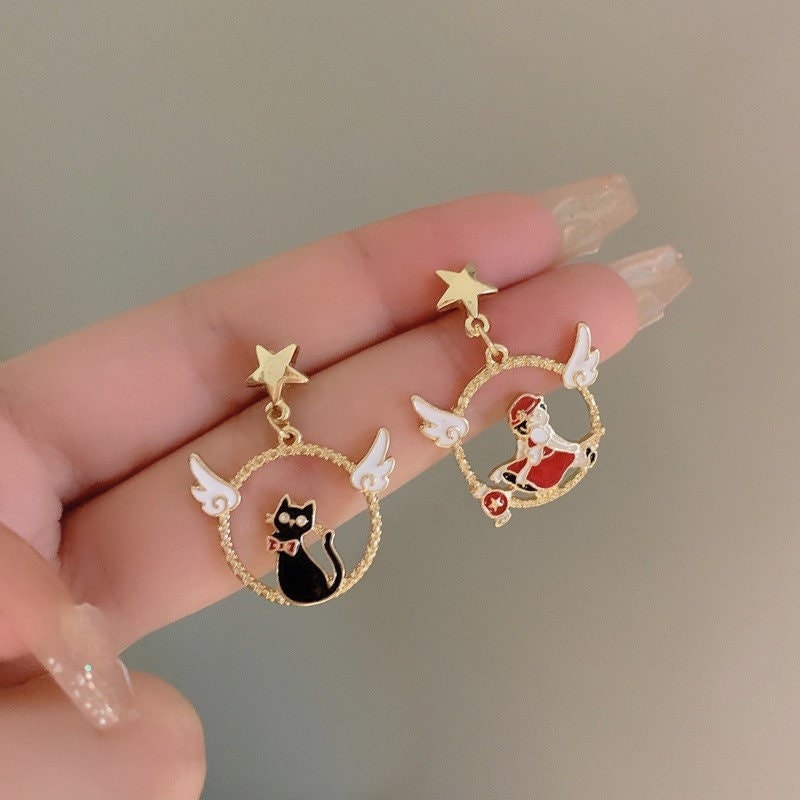 Witch and Black Cat Magic Girl Earrings, Japanese Anime Kiki's Earrings