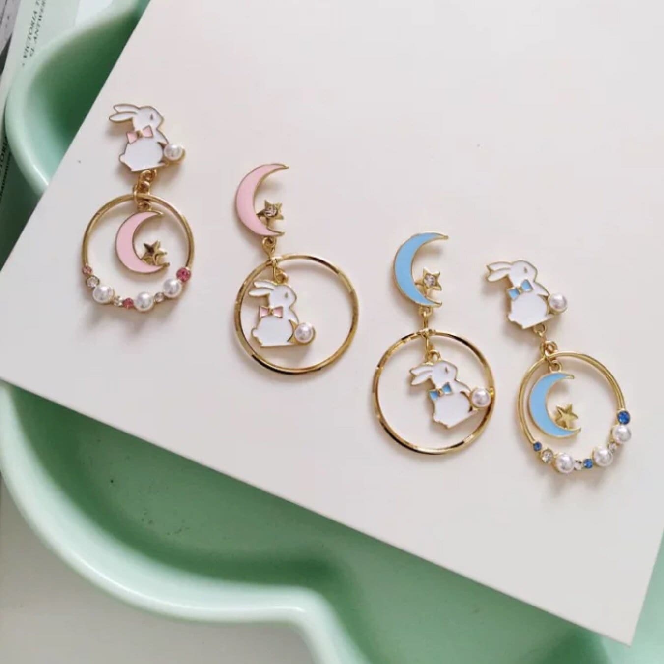 Cute Bunny/ Rabbit Moon and Star Dangle Earrings, Pierced or Clip On