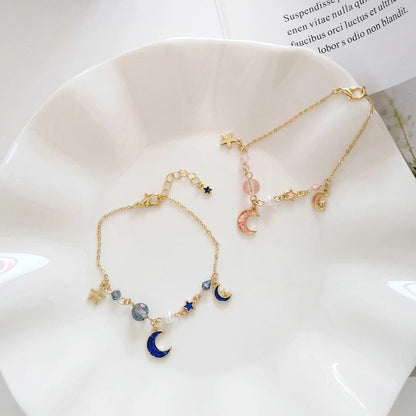 Moon and Star, Crescent Moon Charm Bracelet, Blue / Pink and Gold Celestial Bracelet