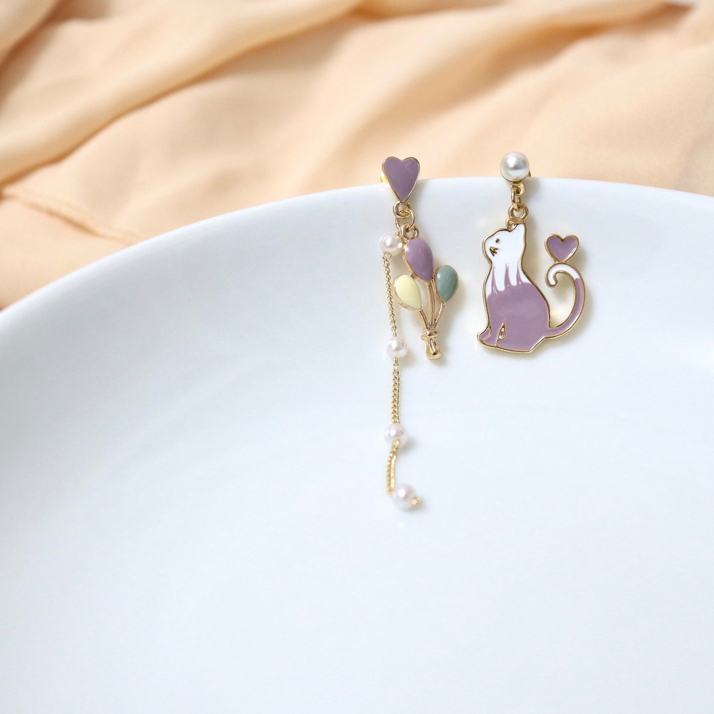 Purple & White Cat with Balloon in a Carnival Mismatch Dangle Earrings