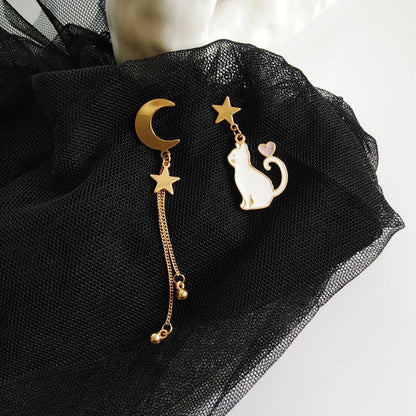 Black/ White Cat with Moon and Star Dangle Earrings