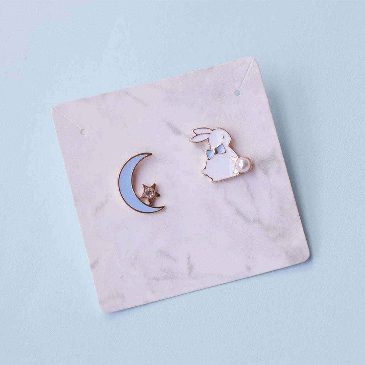 Rabbit / Bunny and Moon Stud Earrings, Pierced or Clip On