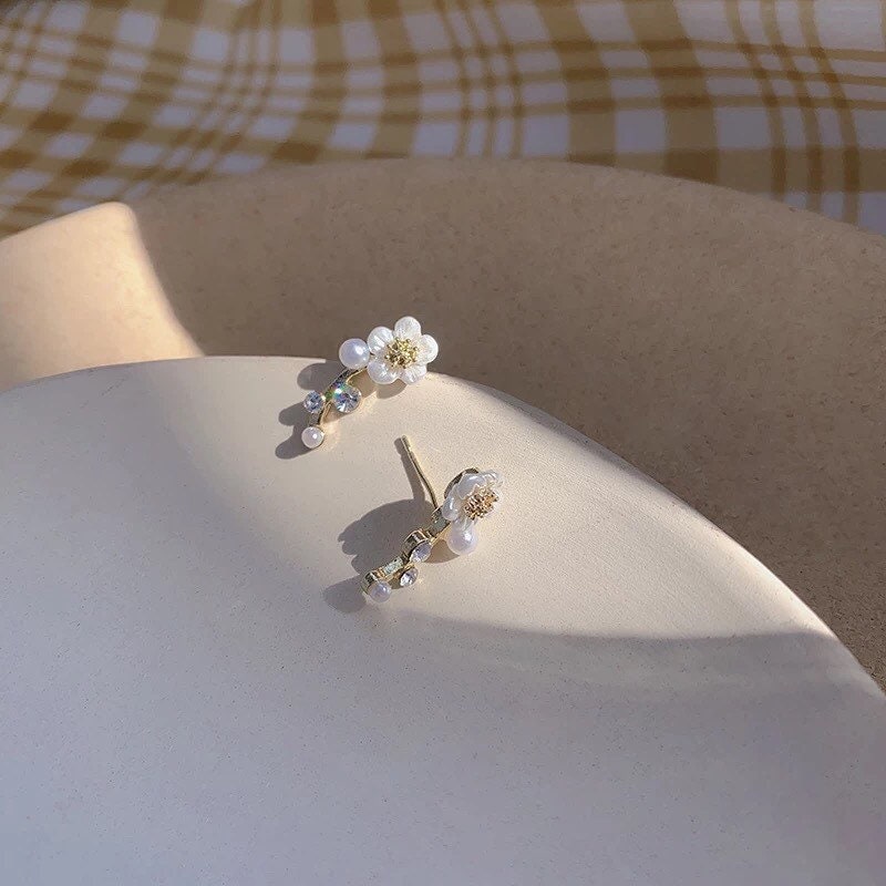 Daisy Ear Climber Stud Earrings, Dainty Flower Earrings