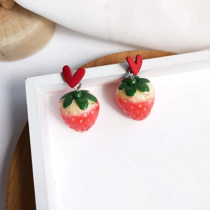 Big Strawberry Red Heart Dangle Earrings