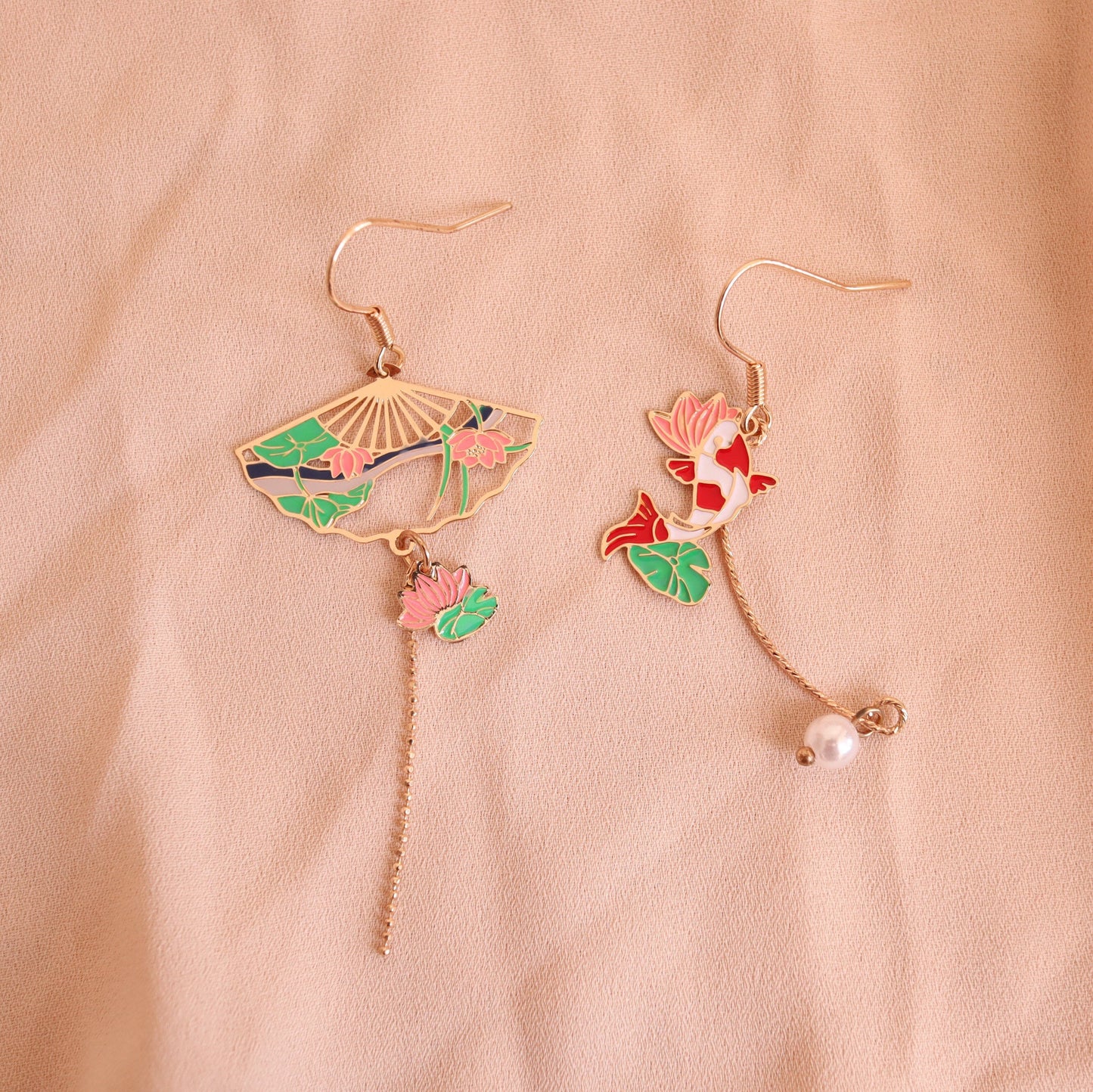 Gold Fish and Lily Pond, Koi and Water Lily Fan Earrings