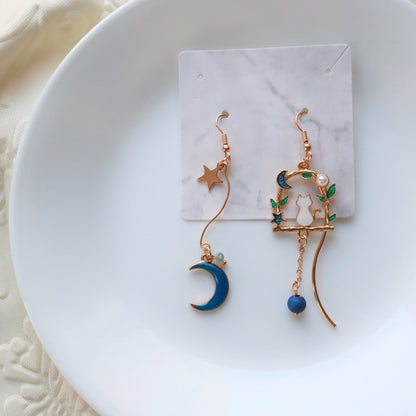 Blue Moon Cat Cute Dangle Earrings