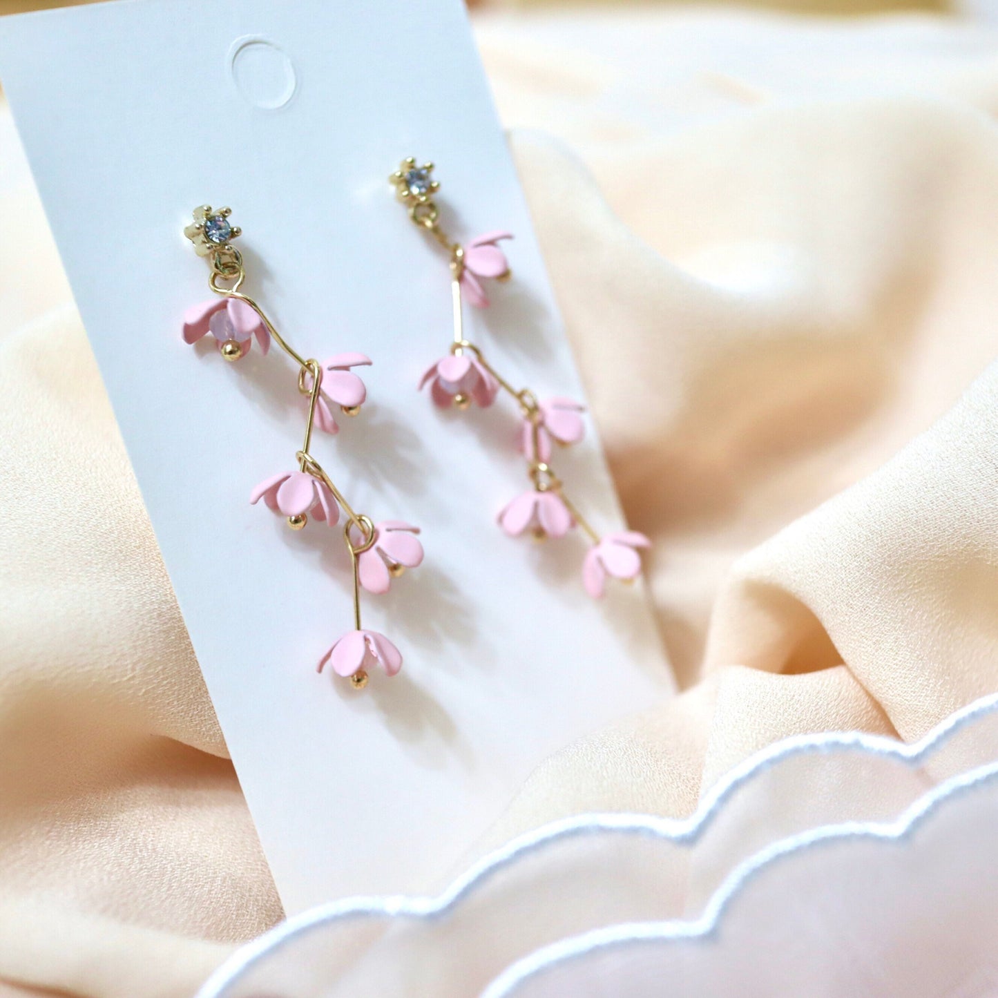 Pink Cherry Blossom Flower Dangle Earrings