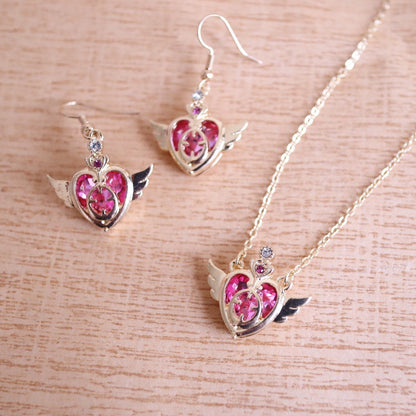 Heart with Angel Wings Compact Necklace/ Earrings, Sailor Moon Inspired Jewelry Set