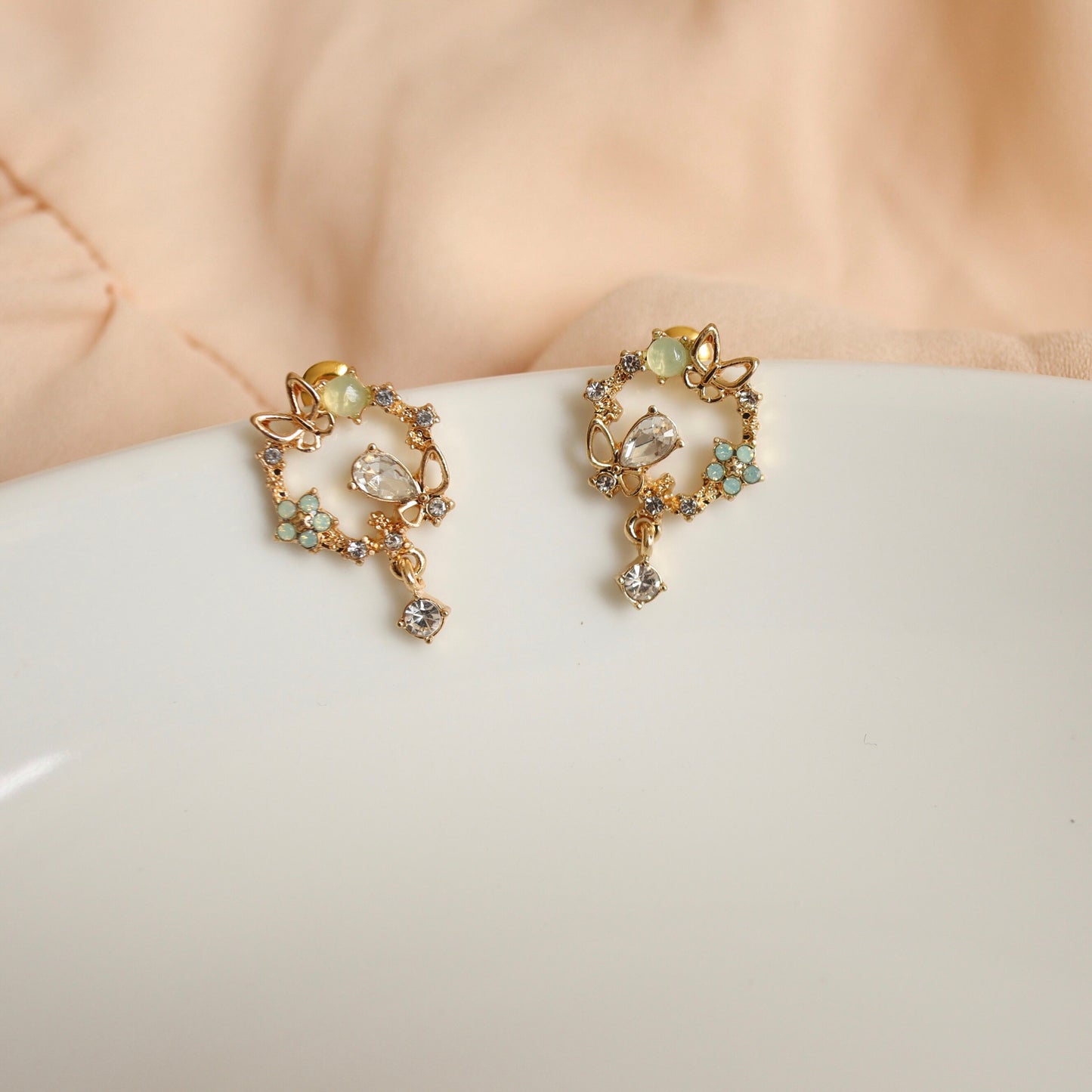 Green Wreath Butterfly Floral Earrings