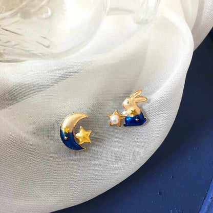 Rabbit and Blue Moon Stud Earrings