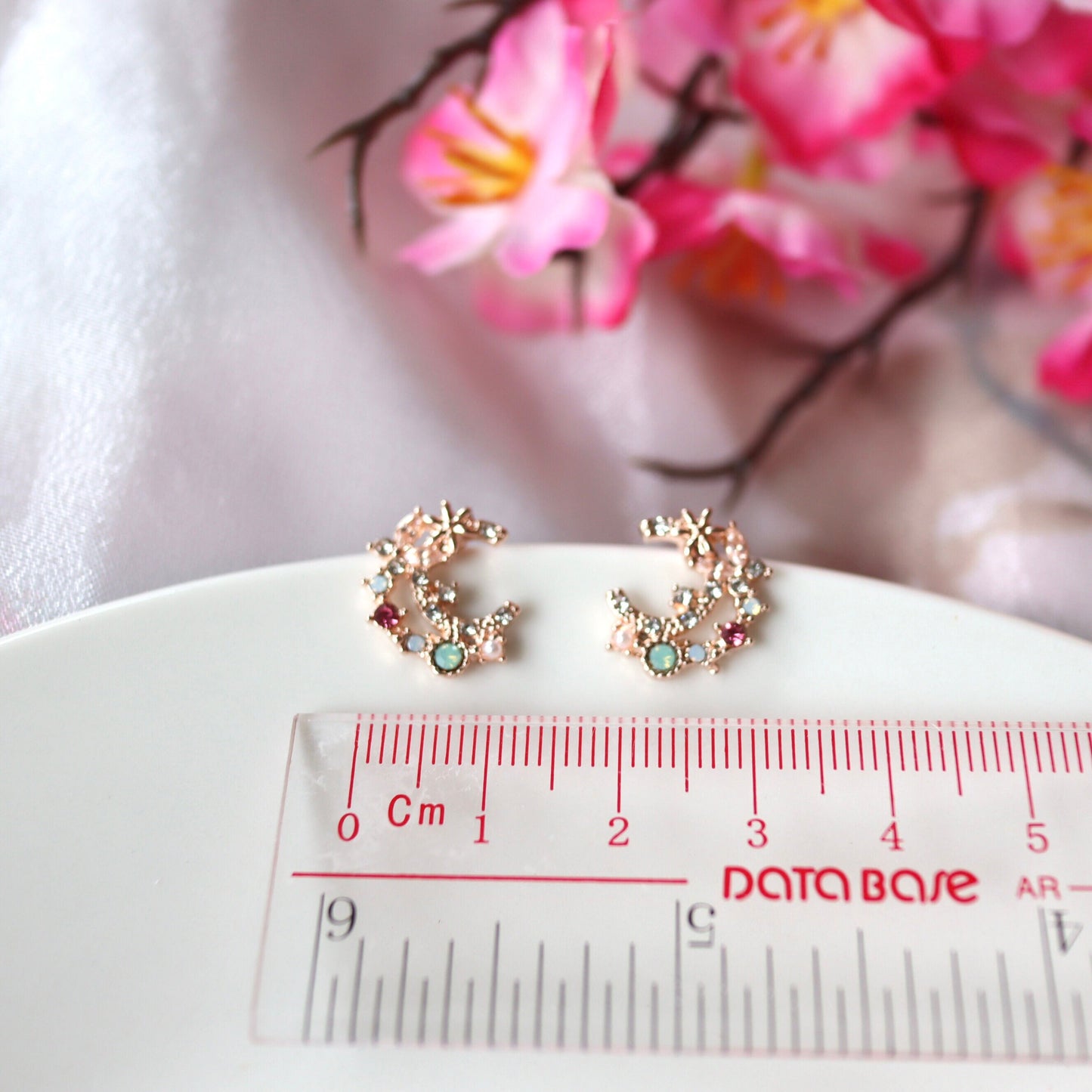 Crescent Moon with Sparky Gems Rose Gold Stud Earrings