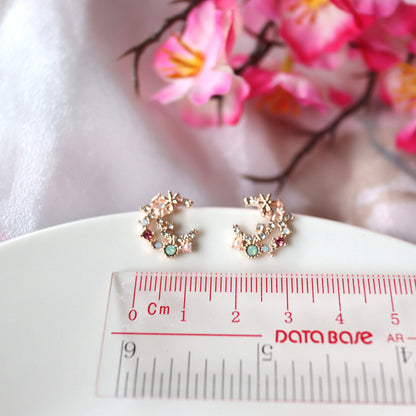 Crescent Moon with Sparky Gems Rose Gold Stud Earrings