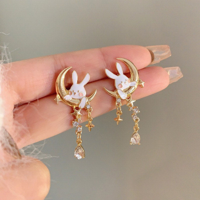 Rabbit on the Moon with Sparkling Star Dangle Earrings