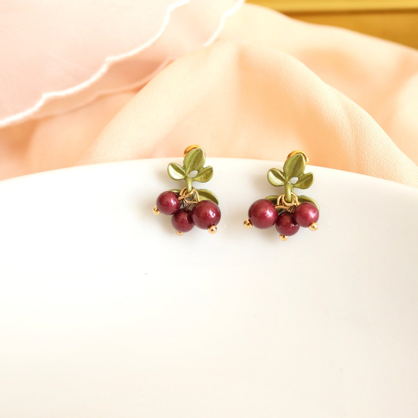 Red Cranberry with Green Leaves Fruit Drop Earrings