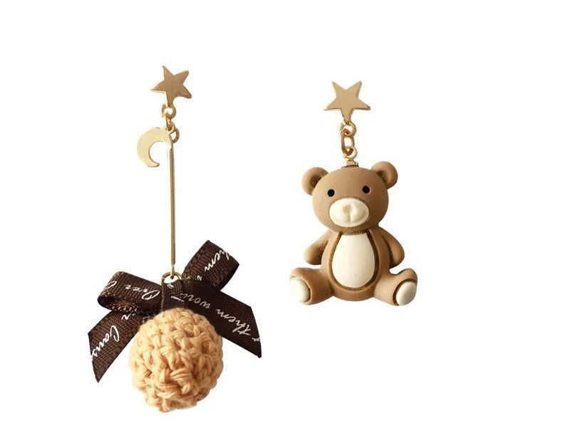 Teddy Bear and Knitted Ball Mismatch Cute Earrings