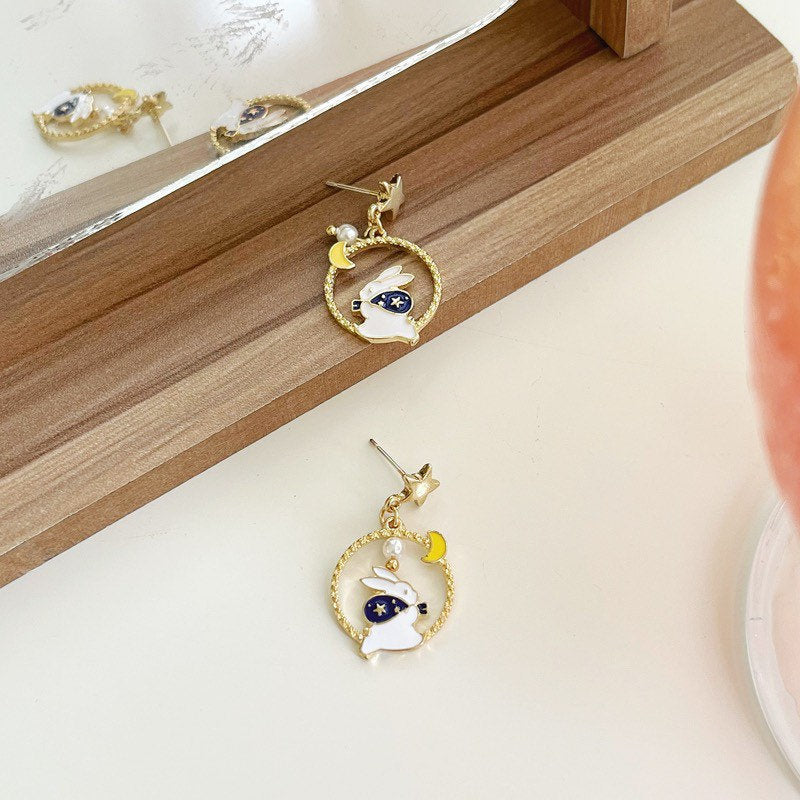 Rabbit on the Moon Earrings, Bunny Moon and Stars Earrings