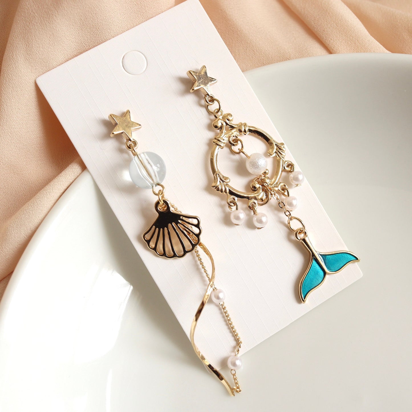 Mermaid Blue Fish Tail Sea Shell Gold Dangle Earrings