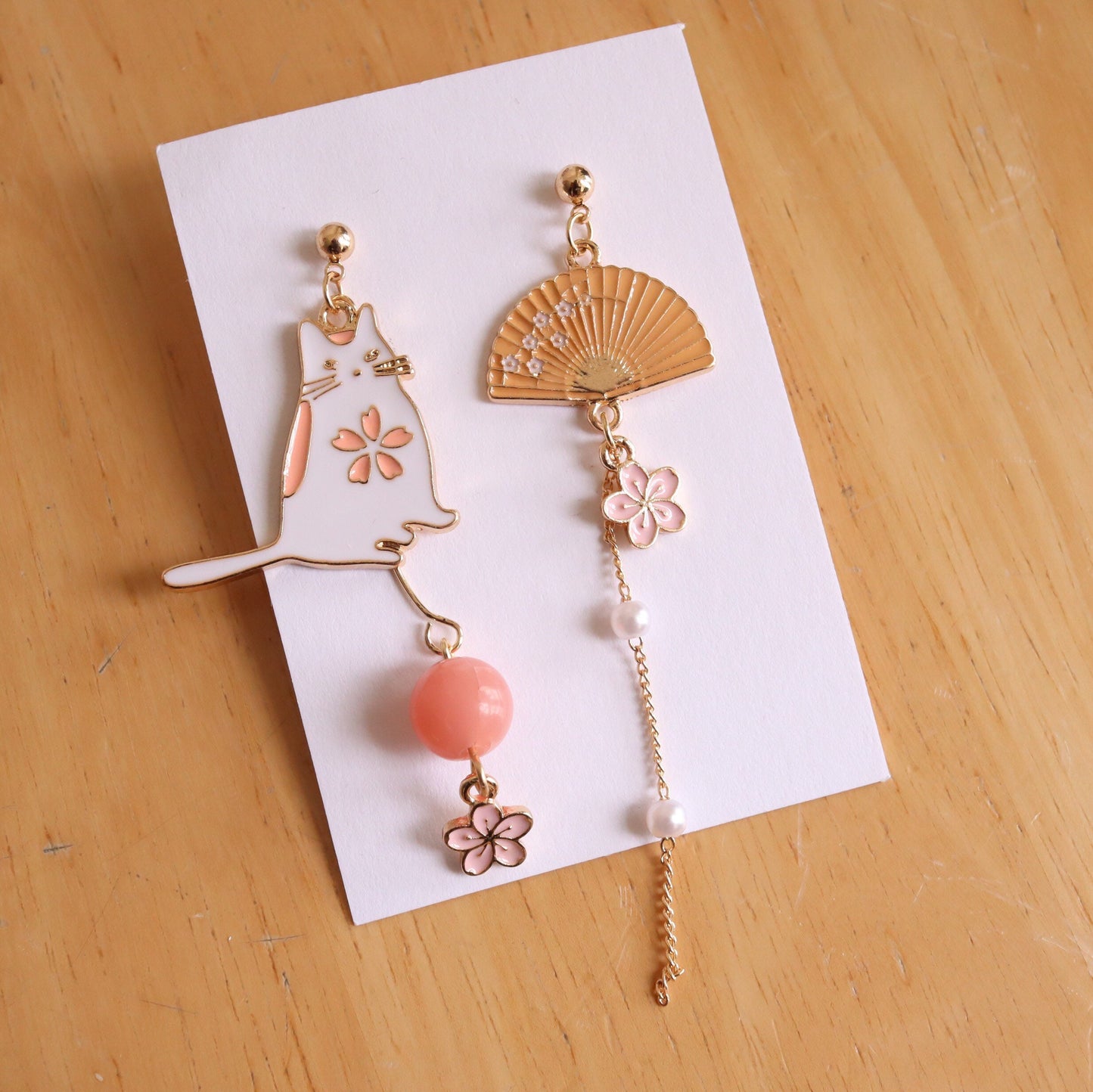 Cherry Blossom, White Cat and Fan Japanese Style Dangle Earrings